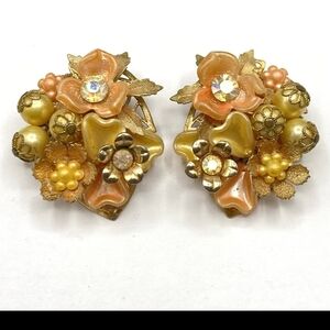 Floral Gold and Orange Clip-On Earrings